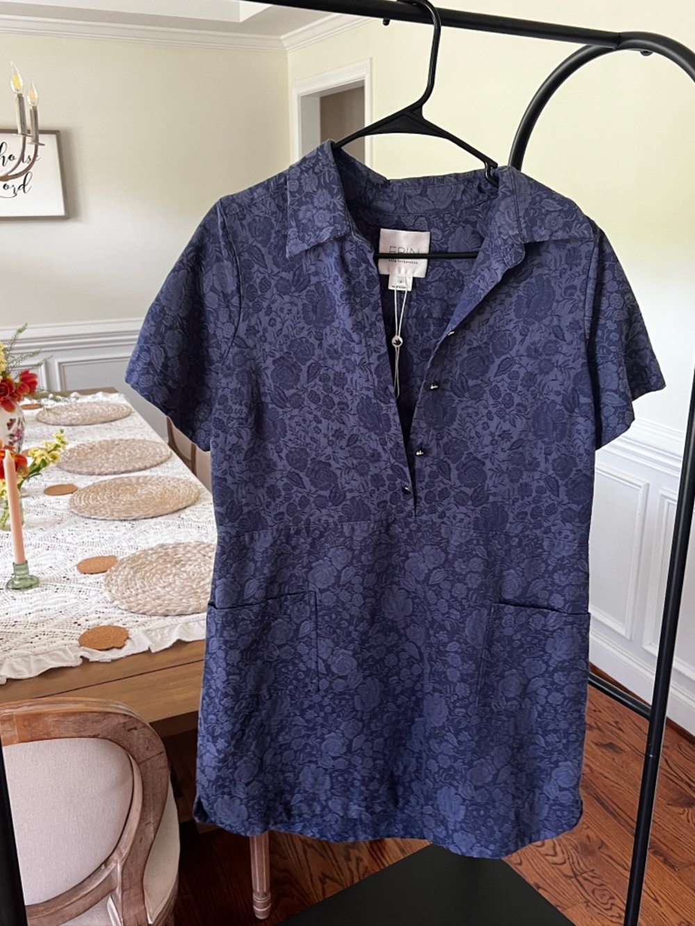 Erin Fetherston Navy Floral Jacquard Button Front Shirt Dress